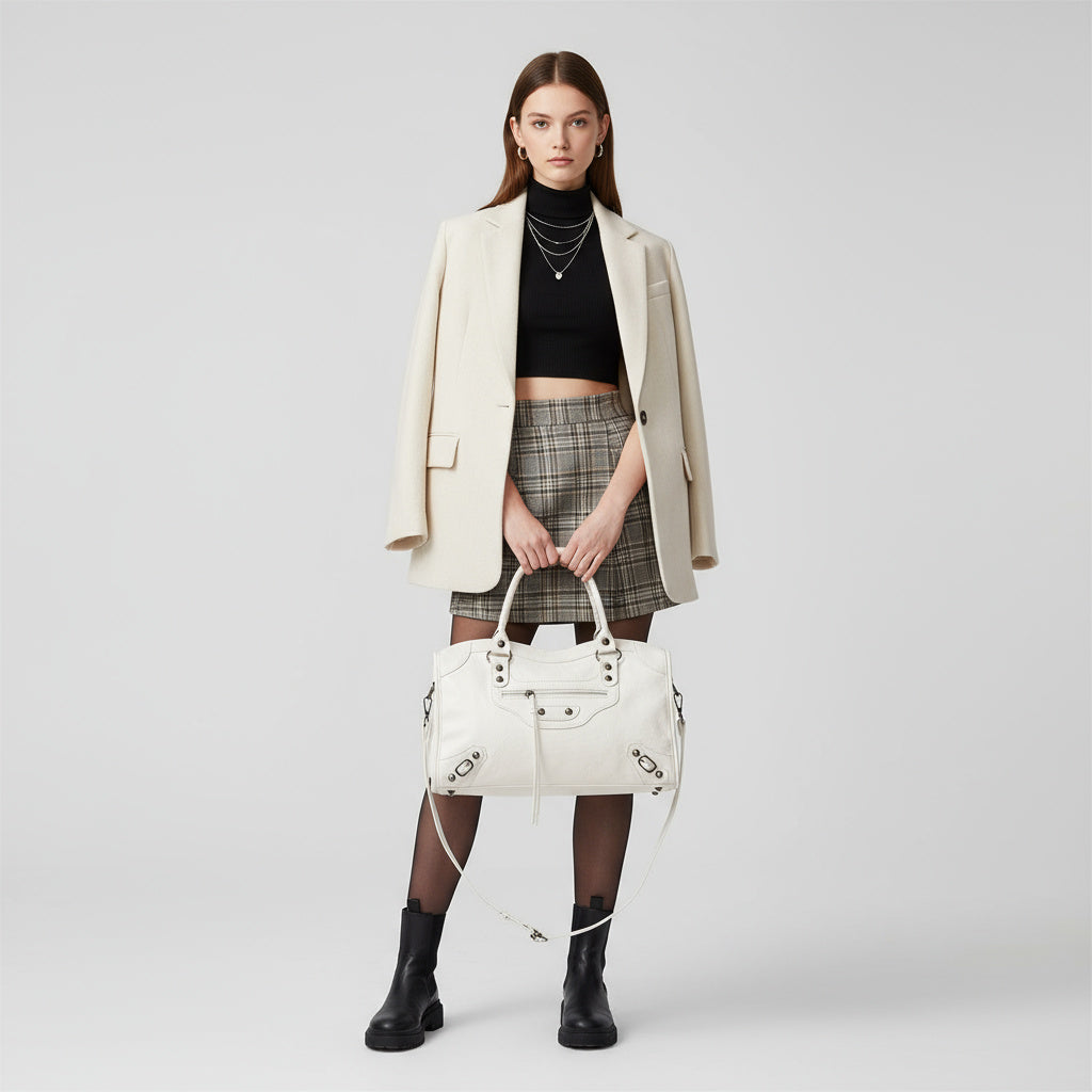 Ung kvinde i moderne tøj med hvid designerhåndtaske, sort crop top, ternet nederdel og beige blazer. Mode, stilfuldt outfit, trendy accessories.