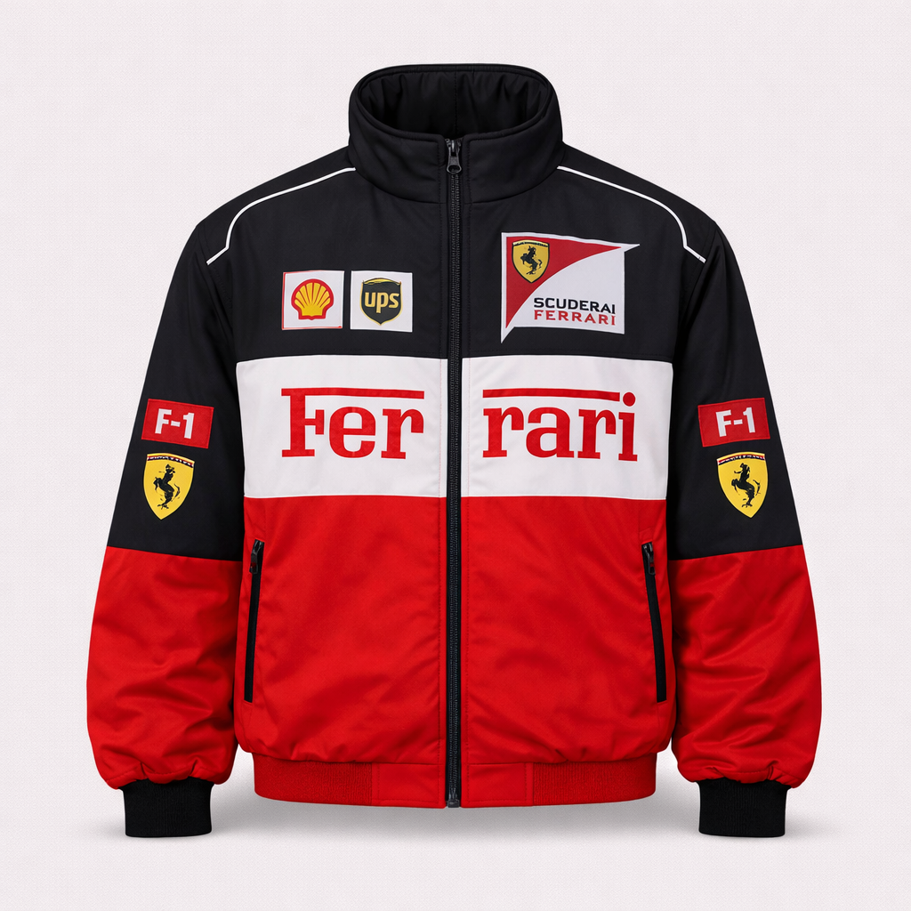 Rød og sort Ferrari jakke med Scuderia Ferrari logo, Shell og UPS mærker. F1-inspireret design, ideel til motorsport fans og bilentusiaster.