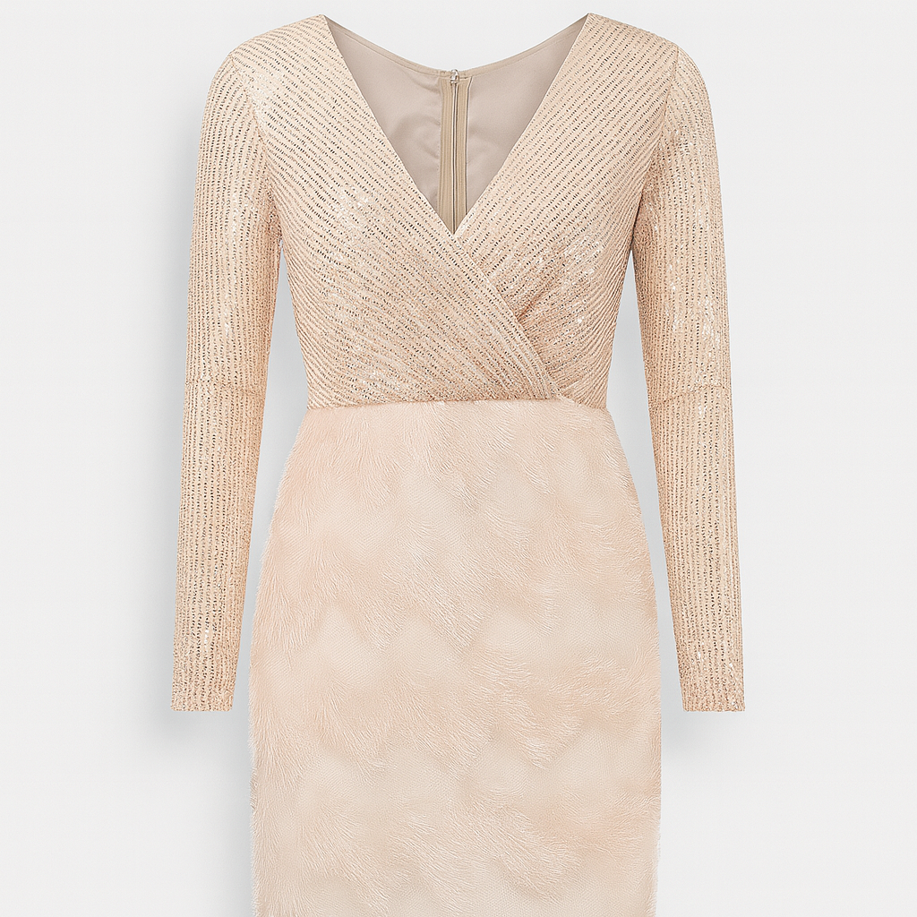 Beige sequin evening dress with feather hem and long sleeves