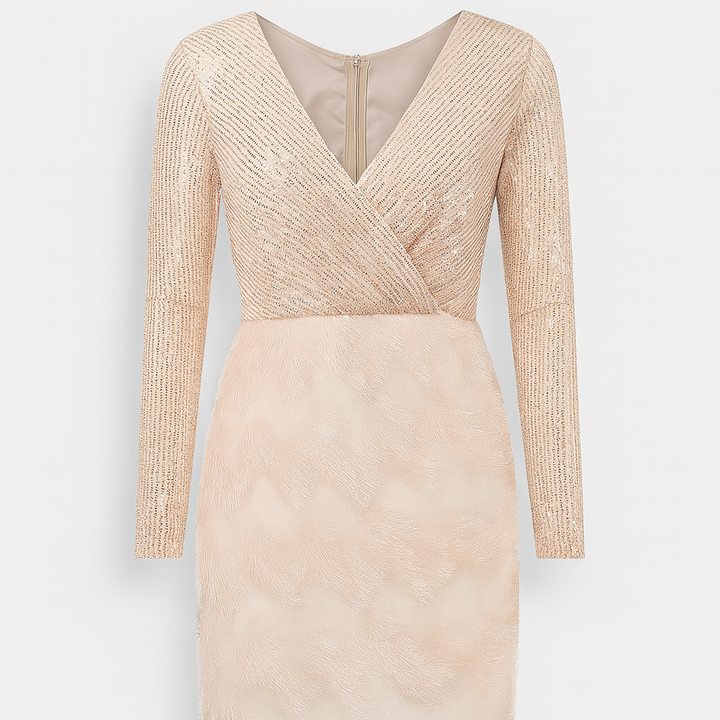 Beige sequin evening dress with feather hem and long sleeves