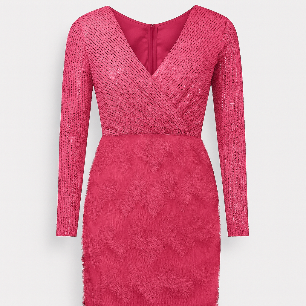 Rose sequin evening dress with feather hem and long sleeves