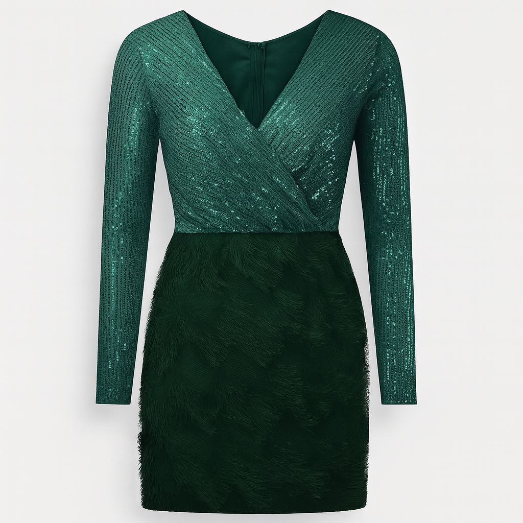 Green sequin evening dress with feather hem and long sleeves