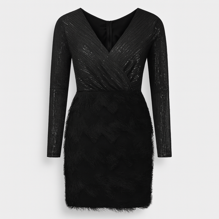 Black sequin evening dress with feather hem and long sleeves