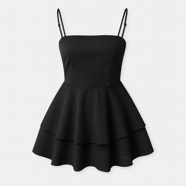 Black mini dress with overlapping ruffles, spaghetti straps and airy cut