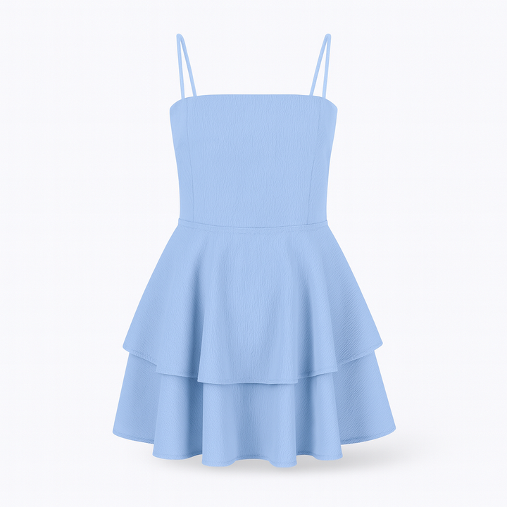 Blue mini dress with overlapping ruffles, spaghetti straps and airy cut