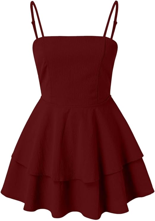 Red mini dress with overlapping ruffles, spaghetti straps and airy cut