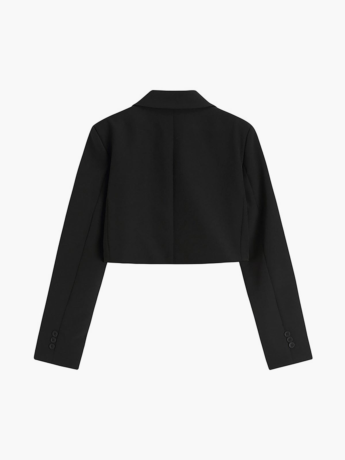 Sort cropped blazer til kvinder, set bagfra. Stilfuldt design med lange ærmer og knapdetaljer. Perfekt til moderne, elegant mode.
