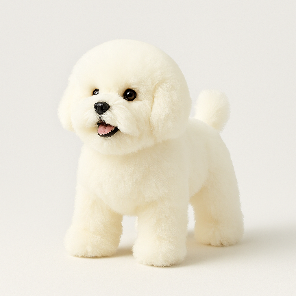 Hvid plyslegetøjshund med sort næse og åbent mund, stående på hvid baggrund. Blød bamse, populær gaveidé til børn.