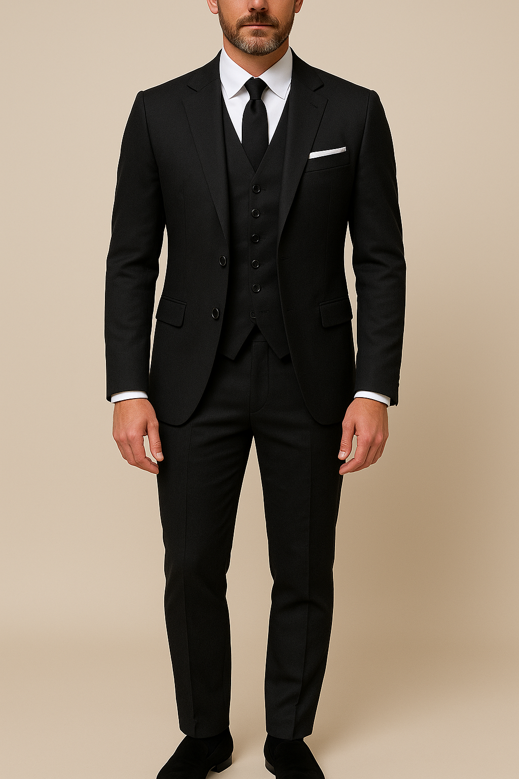 Mand i sort jakkesæt med hvid skjorte og sort slips, stående mod beige baggrund. Elegant herremode, formelt tøj, klassisk stil.