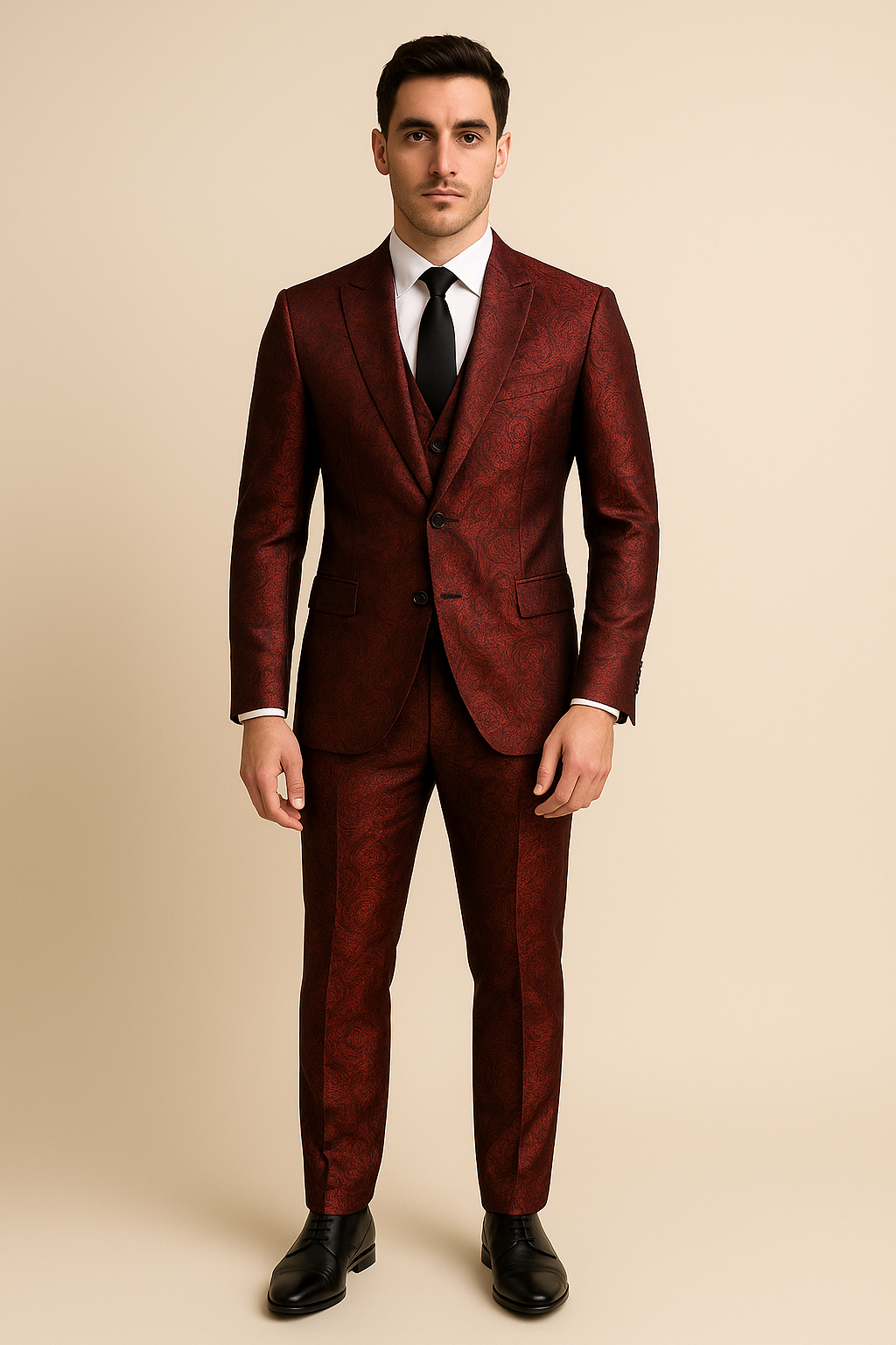 Mand i rød jakkesæt med sort slips og sorte sko, står mod beige baggrund. Elegant herremode, formelt tøj, stilfuldt jakkesæt til festlige lejligheder.