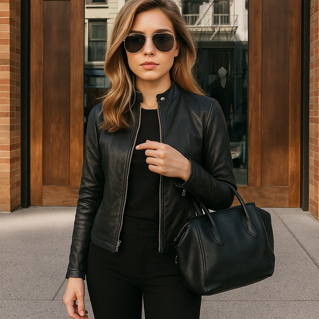 Kvinde i sort læderjakke og solbriller, bærer sort håndtaske foran moderne bygning. Mode, stilfuldt outfit, byliv.