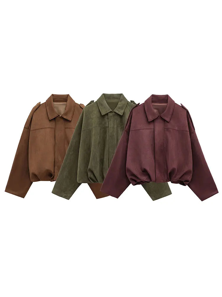 Dame Ruskind Bomberjakke | Brun/Grøn Læderjakke Casual Elegant Stil