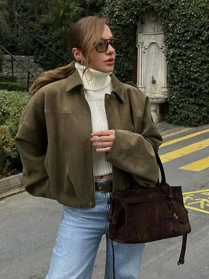 Dame Ruskind Bomberjakke | Brun/Grøn Læderjakke Casual Elegant Stil
