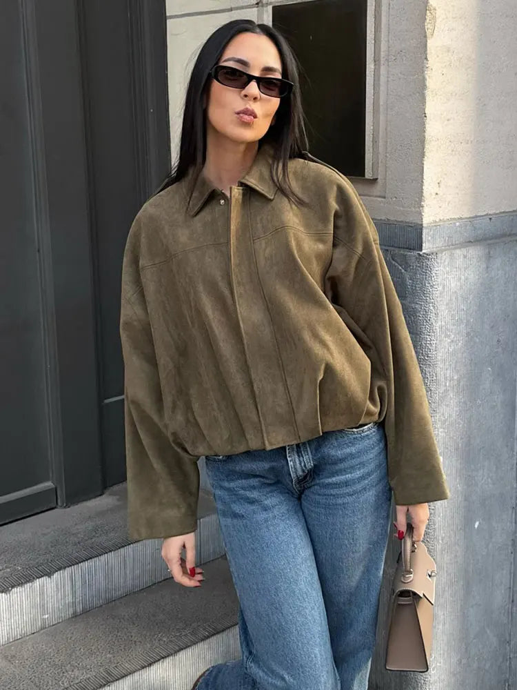 Dame Ruskind Bomberjakke | Brun/Grøn Læderjakke Casual Elegant Stil