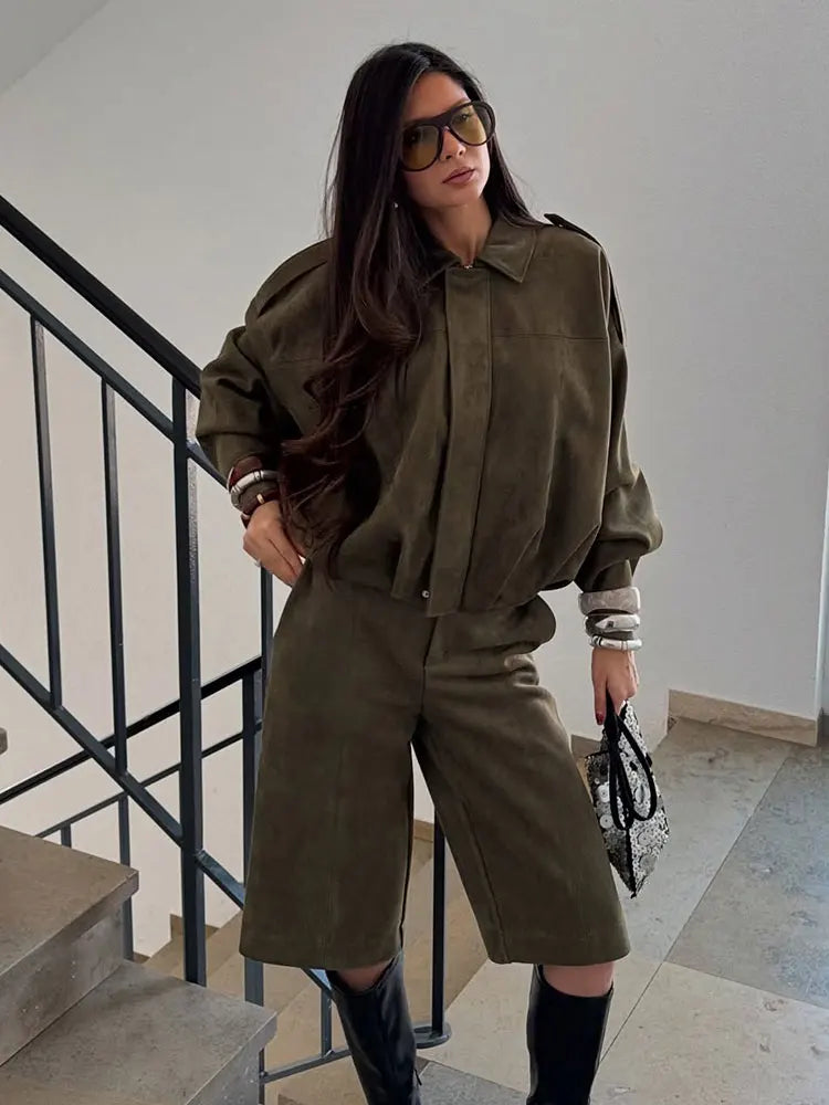 Dame Ruskind Bomberjakke | Brun/Grøn Læderjakke Casual Elegant Stil