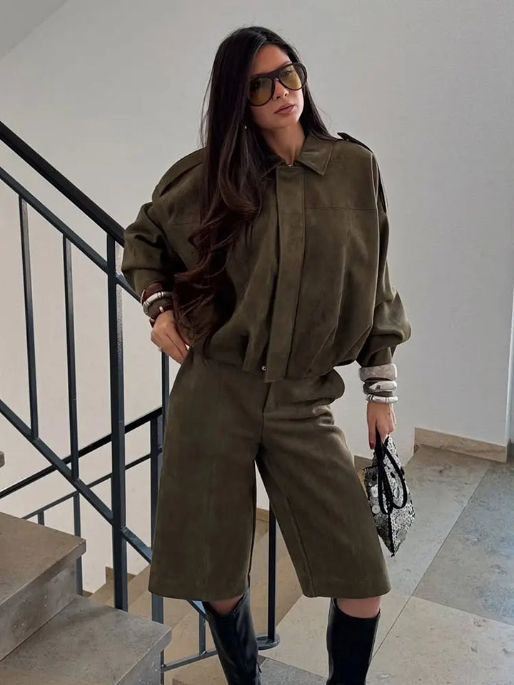 Dame Ruskind Bomberjakke | Brun/Grøn Læderjakke Casual Elegant Stil