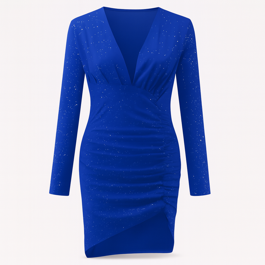 Blue glitter dress | Long sleeves and asymmetrical hem