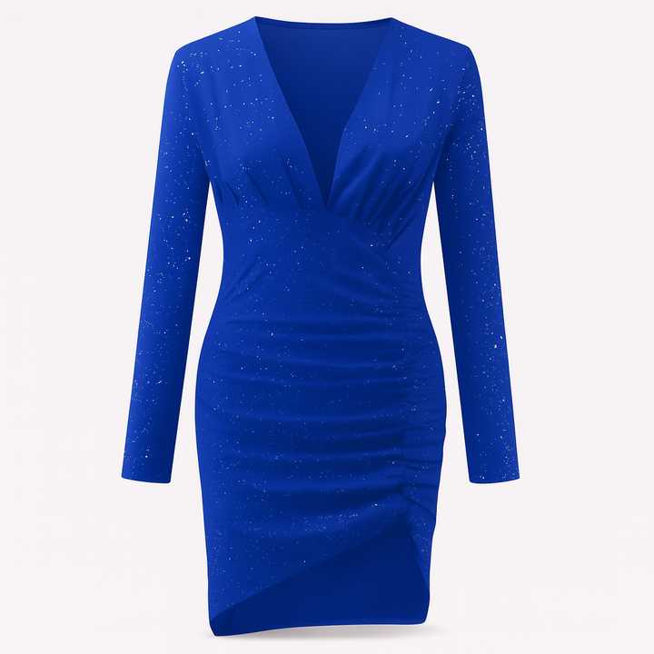 Blue glitter dress | Long sleeves and asymmetrical hem