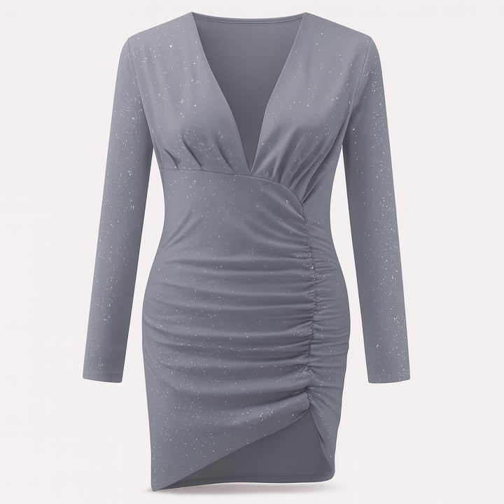 Gray glitter dress | Long sleeves and asymmetrical hem