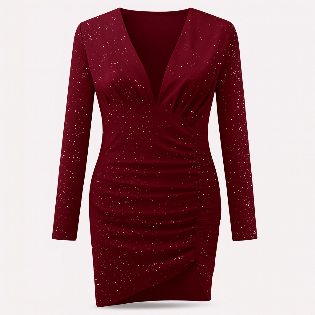 Dark Red glitter dress | Long sleeves and asymmetrical hem
