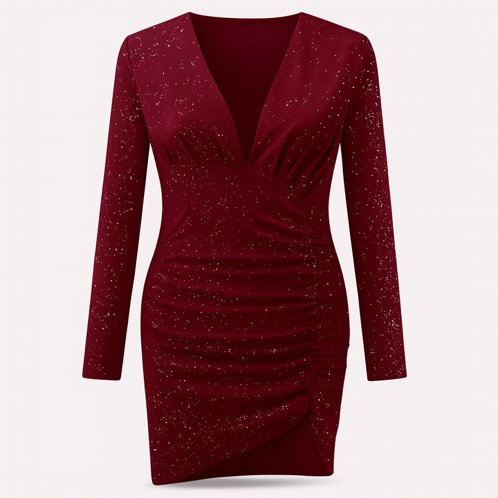 Dark Red glitter dress | Long sleeves and asymmetrical hem