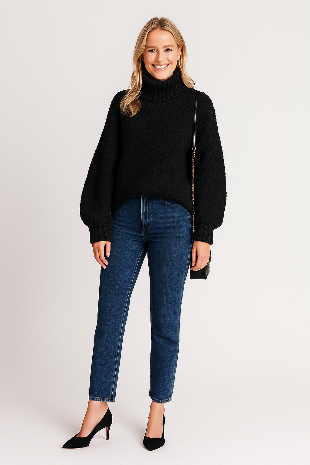 Kvinde iført sort striktrøje, blå jeans og sorte hæle, poserer med sort skuldertaske. Mode, vintertøj, casual stil.