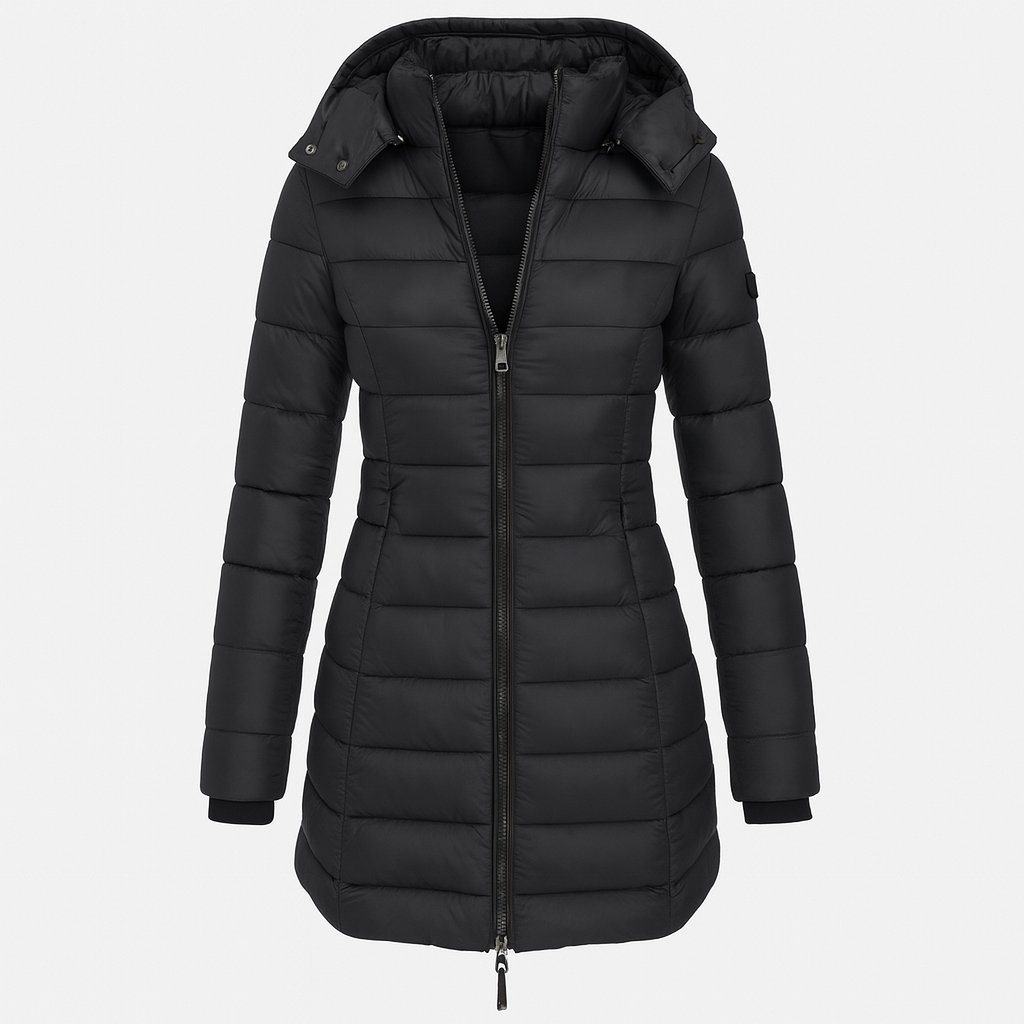 Black Women's Long Winter Jacket - Warm and Lightweight with Hood and Practical Pockets
