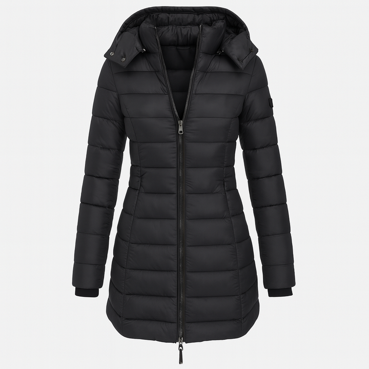 Black Women's Long Winter Jacket - Warm and Lightweight with Hood and Practical Pockets
