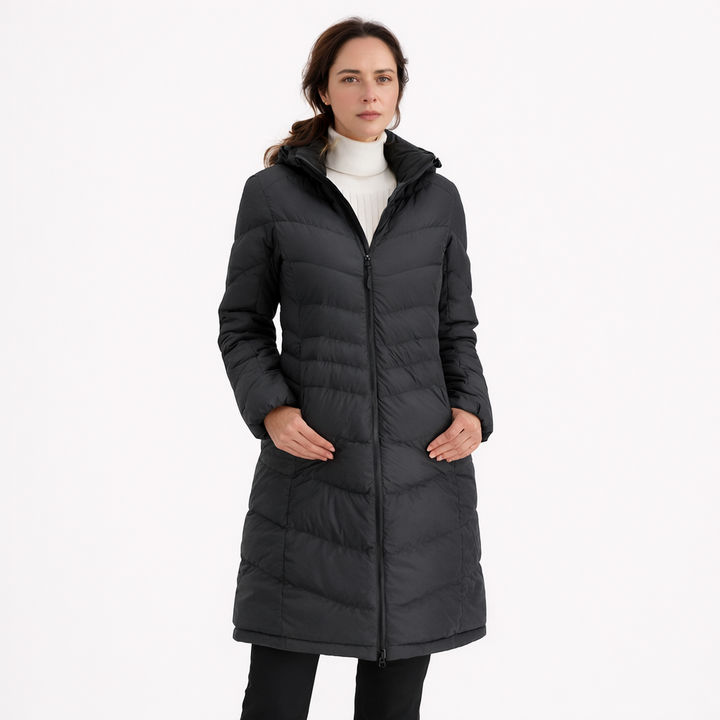 Women's Long Winter Jacket - Warm and Lightweight with Hood and Practical Pockets