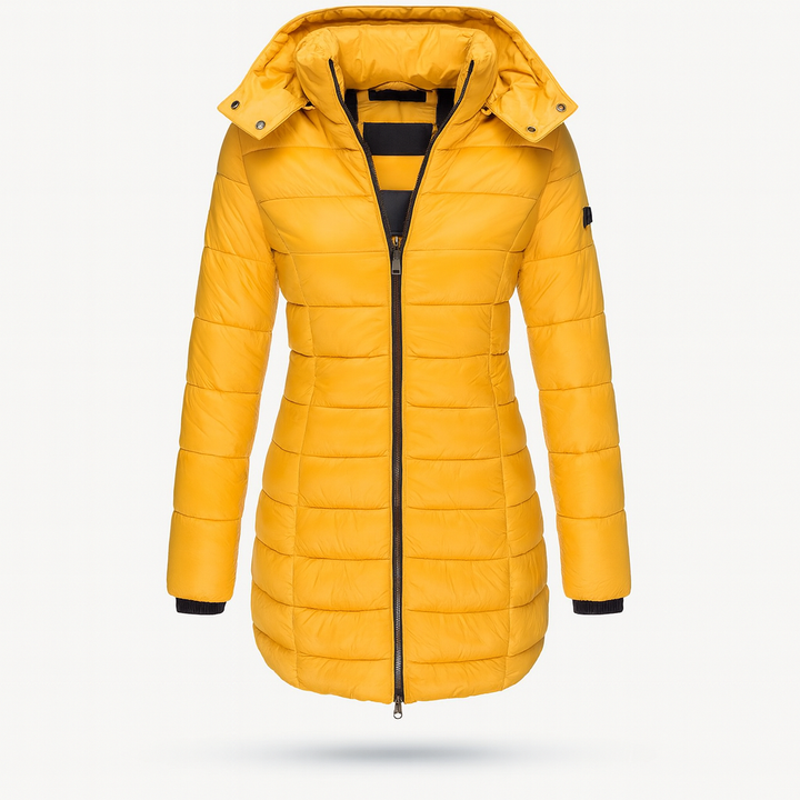 Yellow Women's Long Winter Jacket - Warm and Lightweight with Hood and Practical Pockets