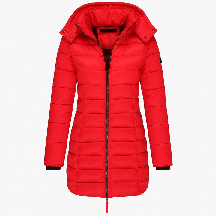 Red Women's Long Winter Jacket - Warm and Lightweight with Hood and Practical Pockets
