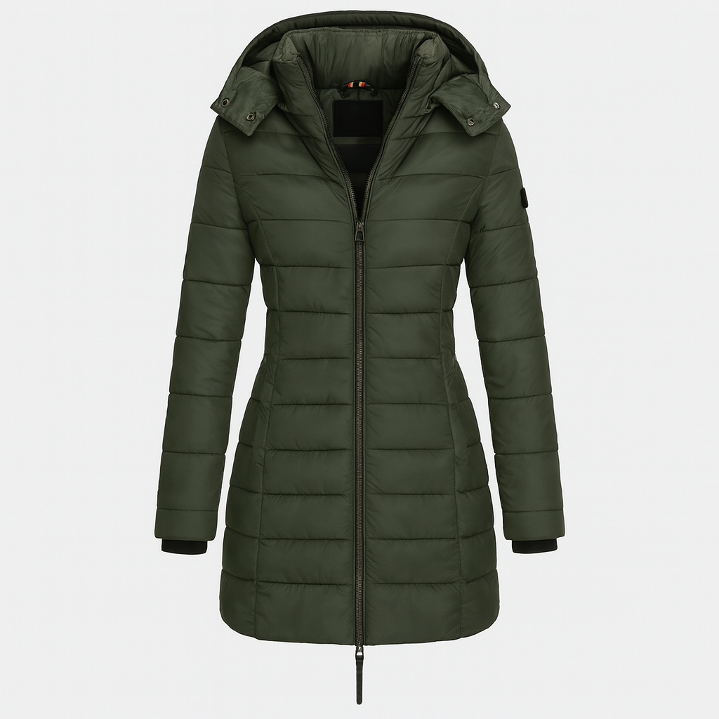 Green Women's Long Winter Jacket - Warm and Lightweight with Hood and Practical Pockets