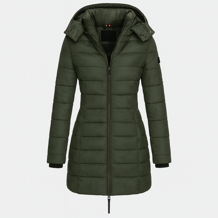 Green Women's Long Winter Jacket - Warm and Lightweight with Hood and Practical Pockets