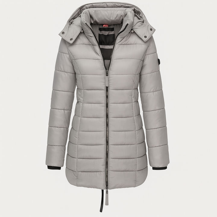 Gray Women's Long Winter Jacket - Warm and Lightweight with Hood and Practical Pockets