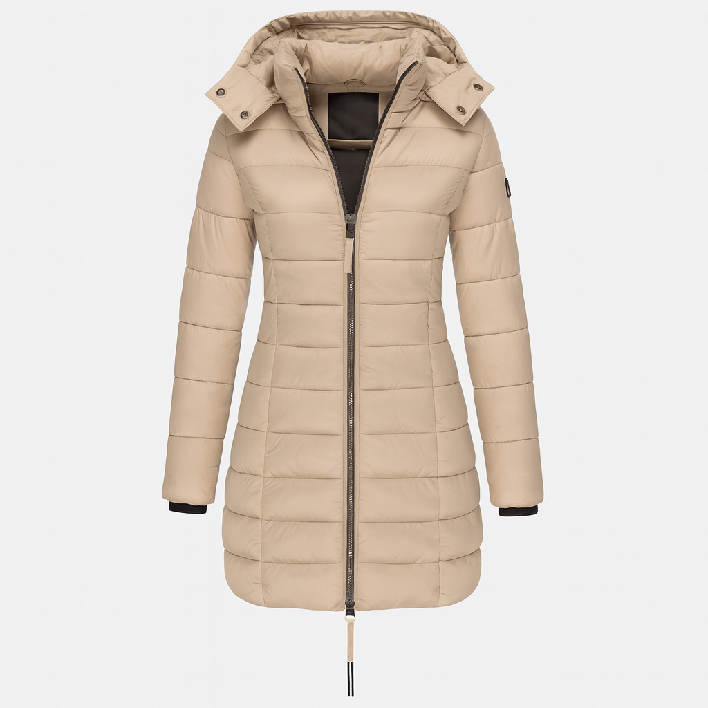 Khaki Women's Long Winter Jacket - Warm and Lightweight with Hood and Practical Pockets