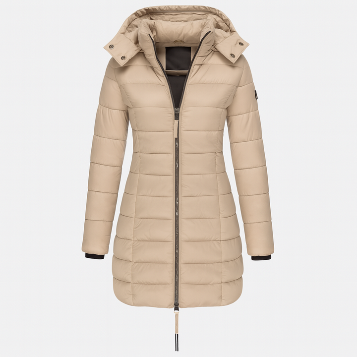 Khaki Women's Long Winter Jacket - Warm and Lightweight with Hood and Practical Pockets