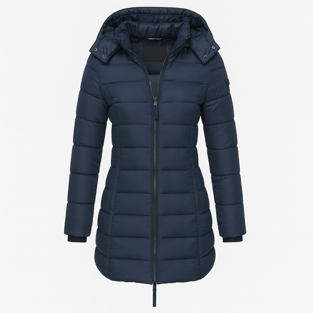 Blue Women's Long Winter Jacket - Warm and Lightweight with Hood and Practical Pockets
