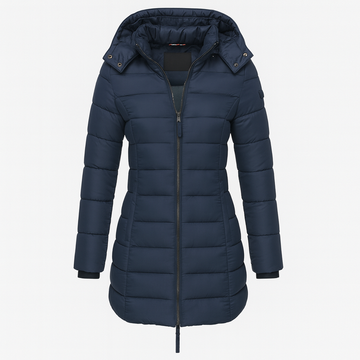 Blue Women's Long Winter Jacket - Warm and Lightweight with Hood and Practical Pockets