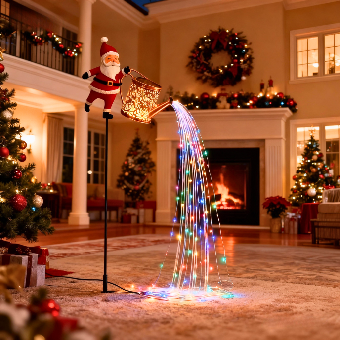 Juledekoration med lysende vandkande og julemand i stue. Farverige LED-lys, juletræ, pejs og kranse skaber hyggelig julestemning.