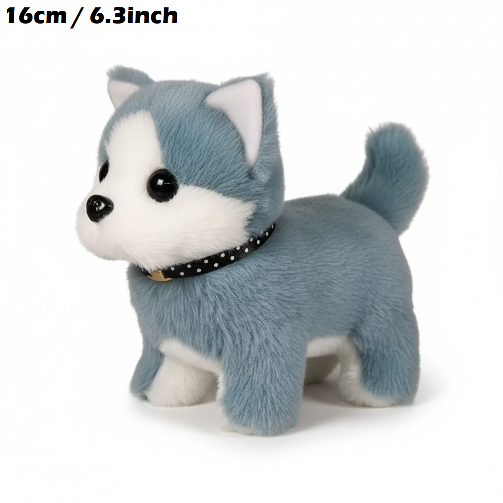 Blå og hvid plys hundelegetøj, 16 cm høj, med sort prikket halsbånd. Perfekt som gave til børn eller som dekorativt element i hjemmet.