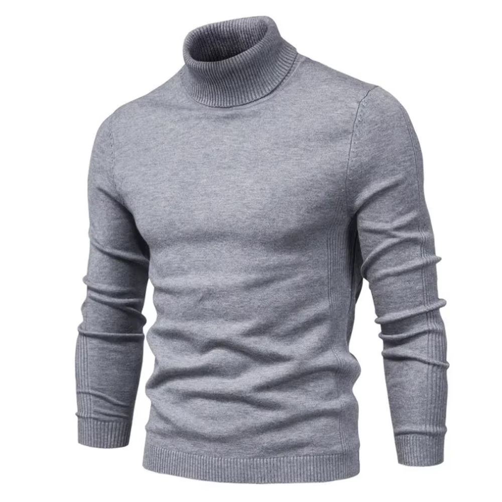 Grå rullekrave sweater til mænd, strikket i blødt materiale. Perfekt til vintermode og casual stil. Komfortabel og stilfuld beklædning.