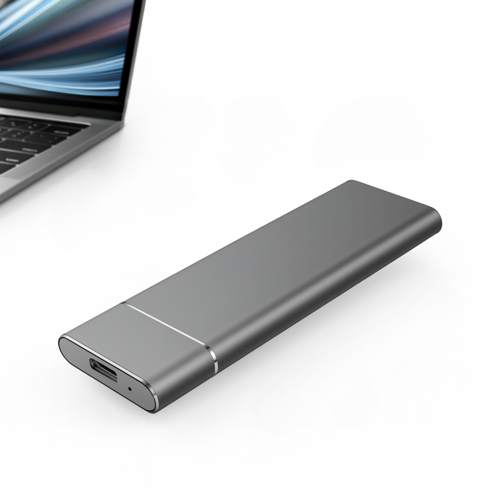 Sølvfarvet ekstern SSD-drev ved siden af en bærbar computer. Slankt design, USB-C port. Ideel til hurtig dataoverførsel og opbevaring.