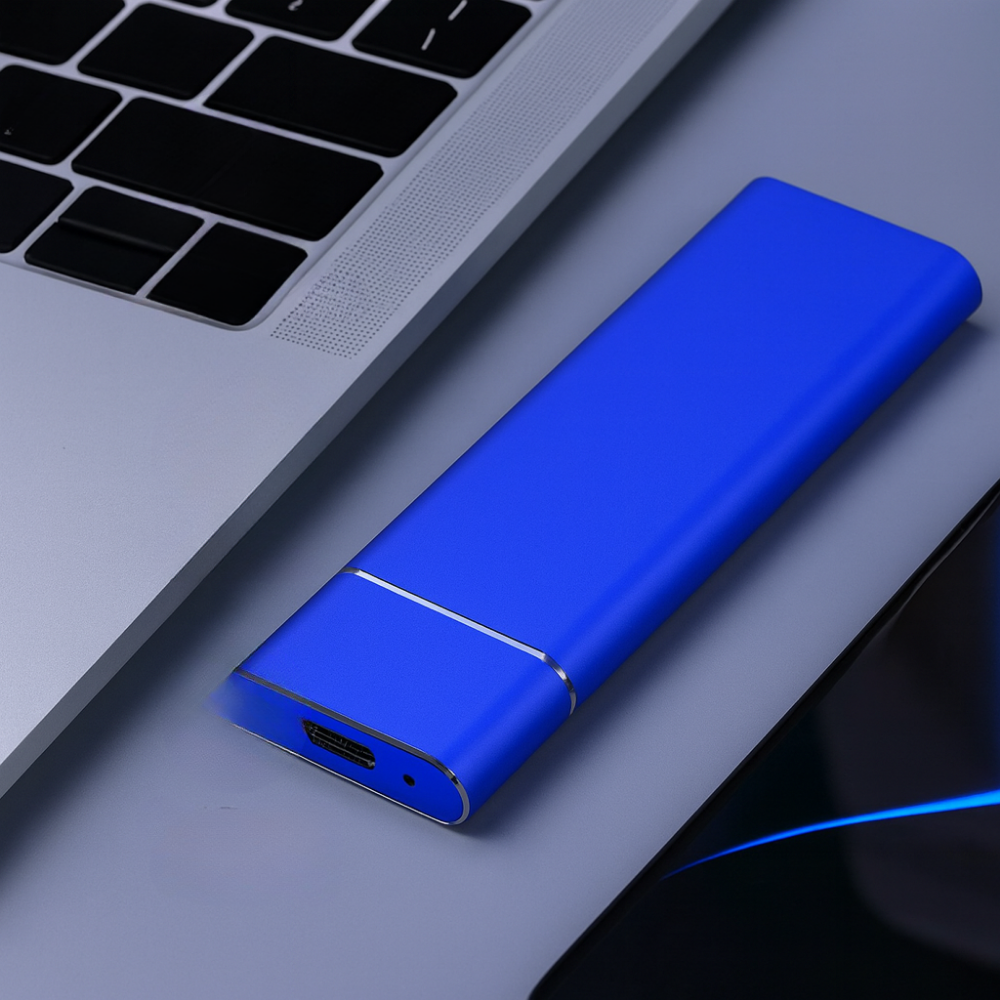 Blå powerbank ved siden af en bærbar computer på et gråt skrivebord. Moderne design, USB-port, bærbar oplader, teknologi tilbehør.
