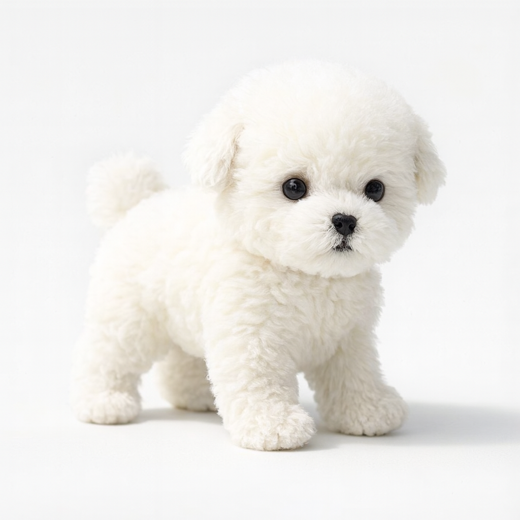 Hvid bichon frisé hvalp med krøllet pels står på hvid baggrund. Søde hunde, kæledyr, bichon frisé, hvalpe, fluffy hund.