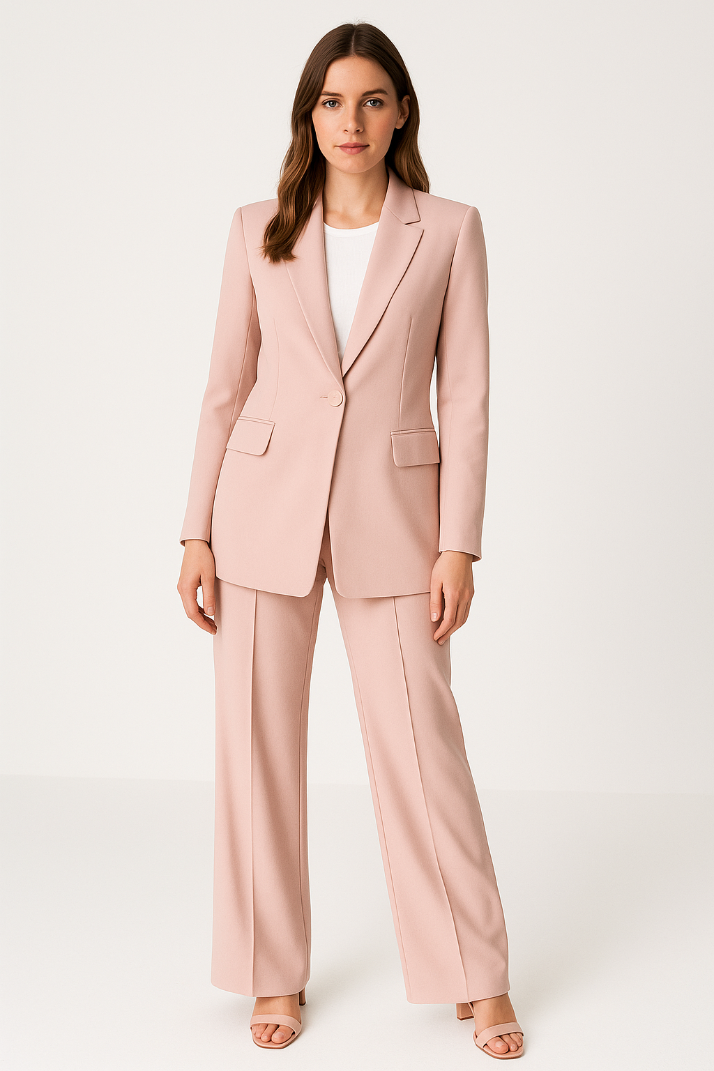 Kvinde i lyserød jakkesæt med hvid bluse og åbne sandaler, står mod hvid baggrund. Elegant businessmode, moderne kvindetøj, stilfuldt jakkesæt.