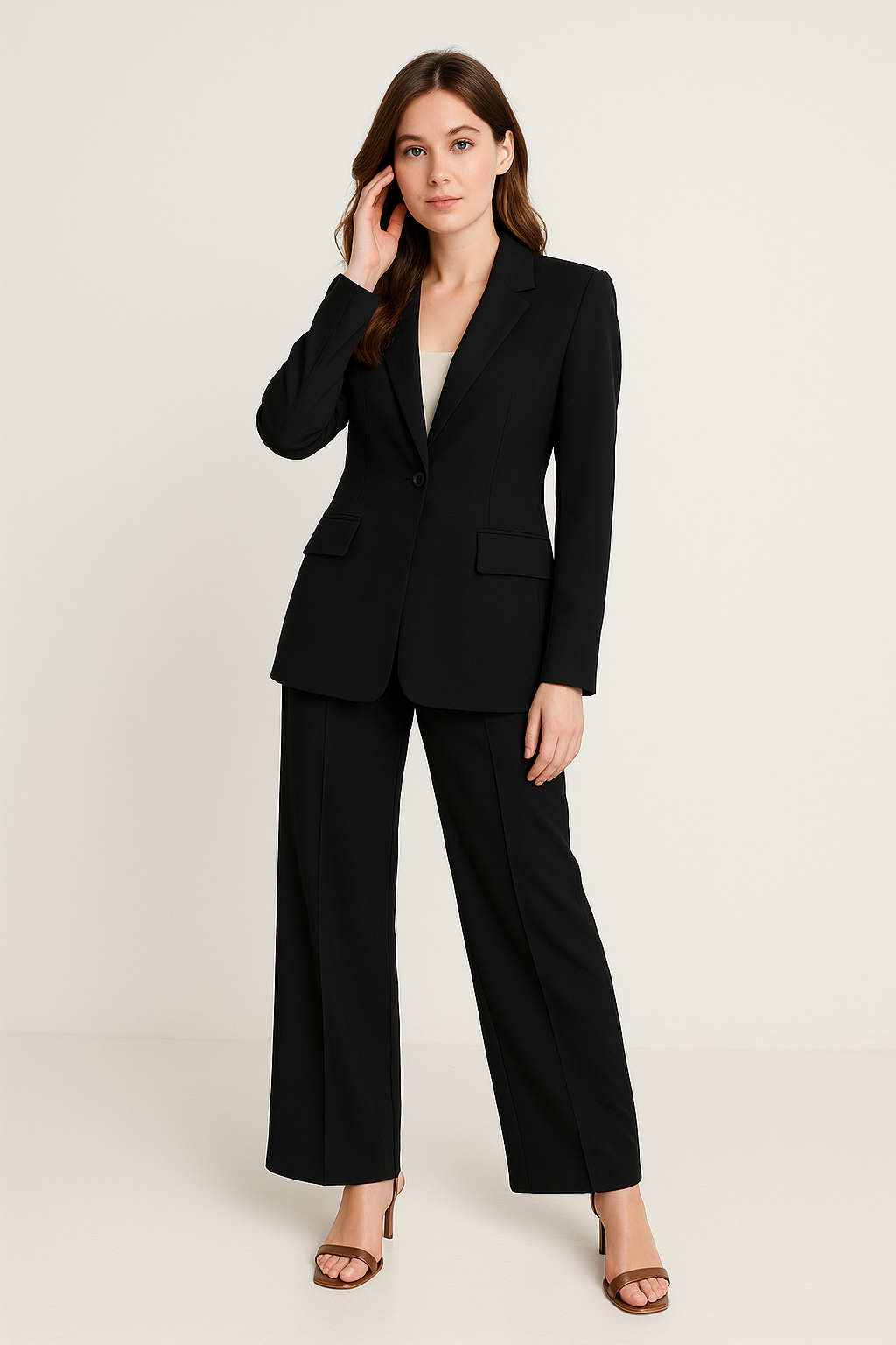 Kvinde i sort jakkesæt og brune hæle, står mod hvid baggrund. Elegant business look, moderne kvindemode, professionelt tøj til kontorbrug.