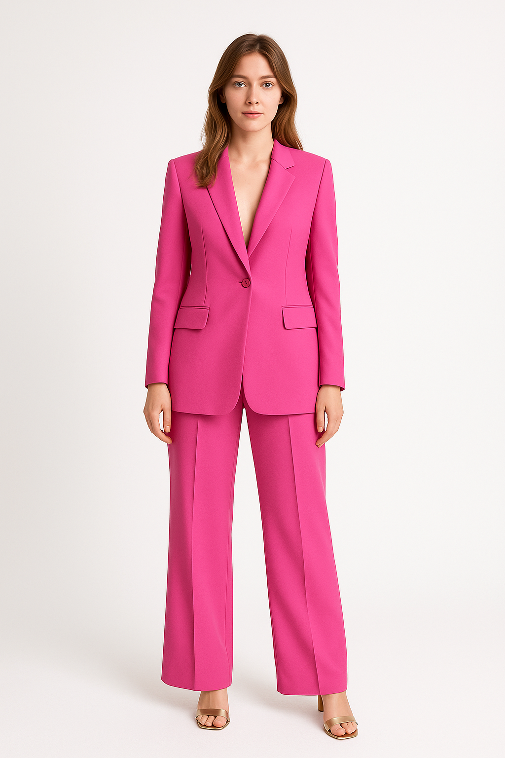 Kvinde i pink jakkesæt, stående mod hvid baggrund. Moderigtigt damejakkesæt, moderne stil, elegant design, kvindetøj, trendy mode.