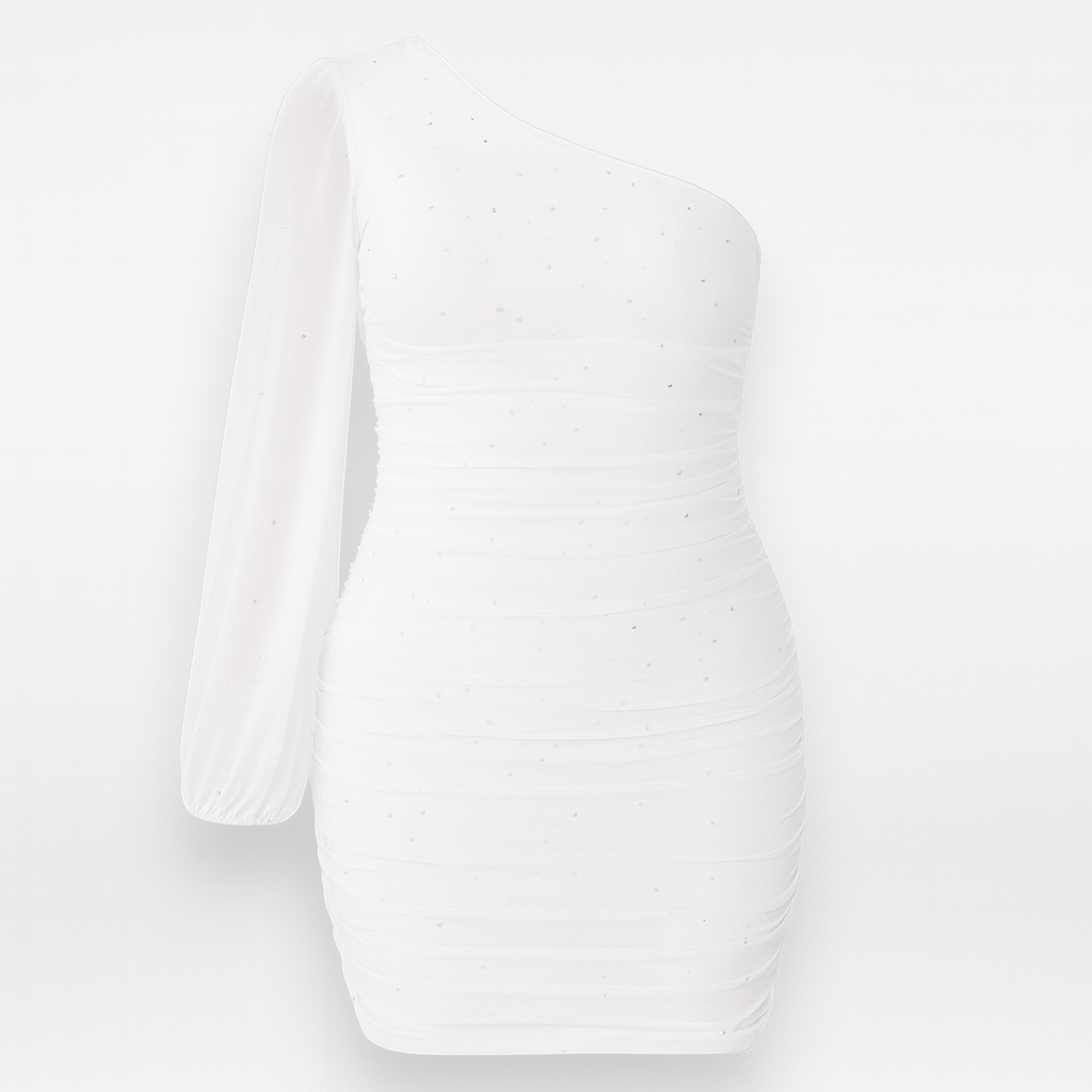 White Mini Asymmetric Fringed Dress Sequins & Long Sleeves