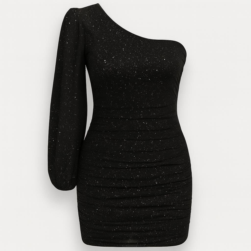 Black Mini Asymmetric Fringed Dress Sequins & Long Sleeves
