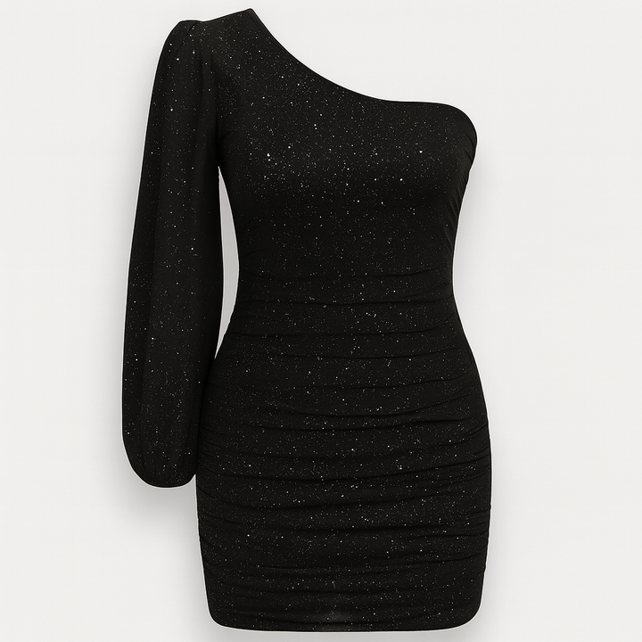 Black Mini Asymmetric Fringed Dress Sequins & Long Sleeves